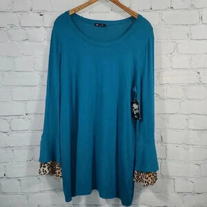 Teal Leopard Print Bell Long-sleeved Tunic Shirt 1x NWT